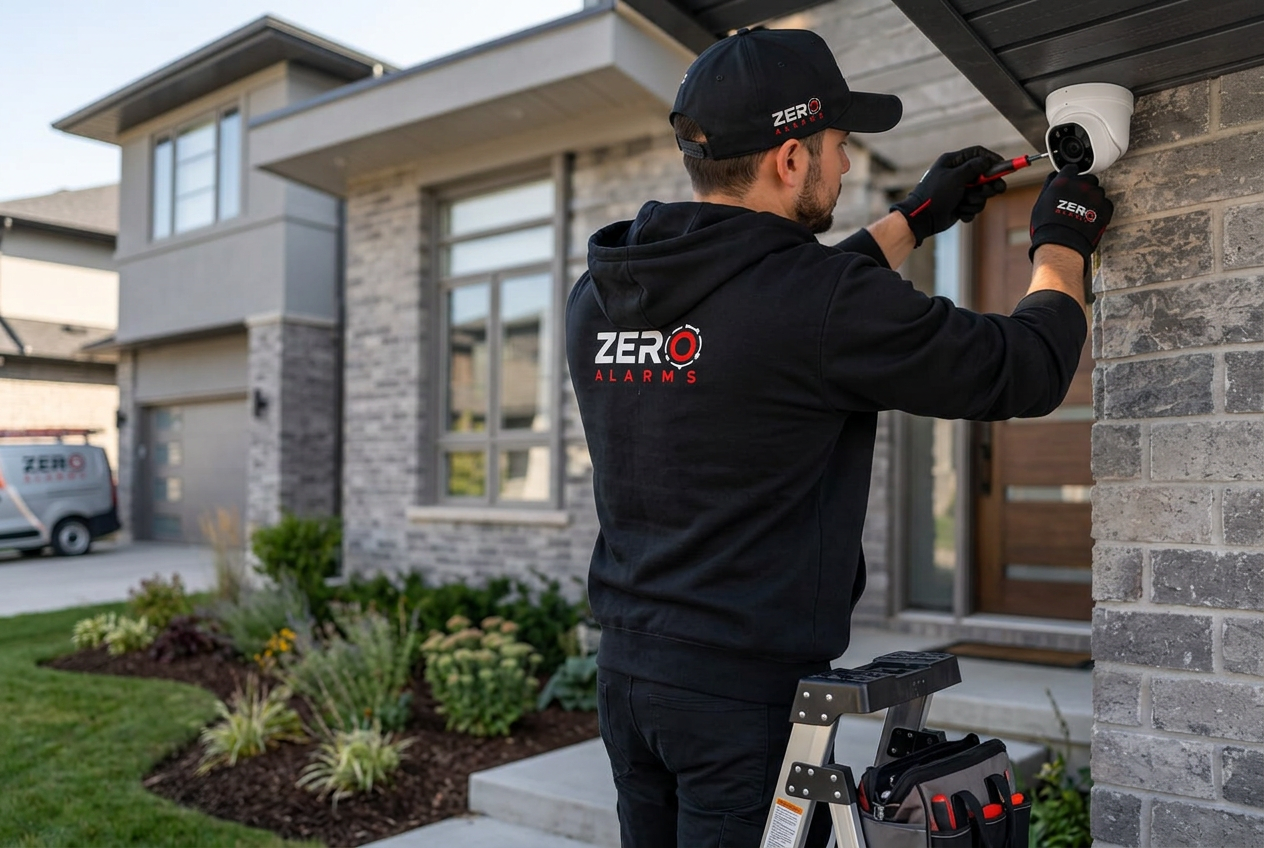 Illustrative technician installing a security camera