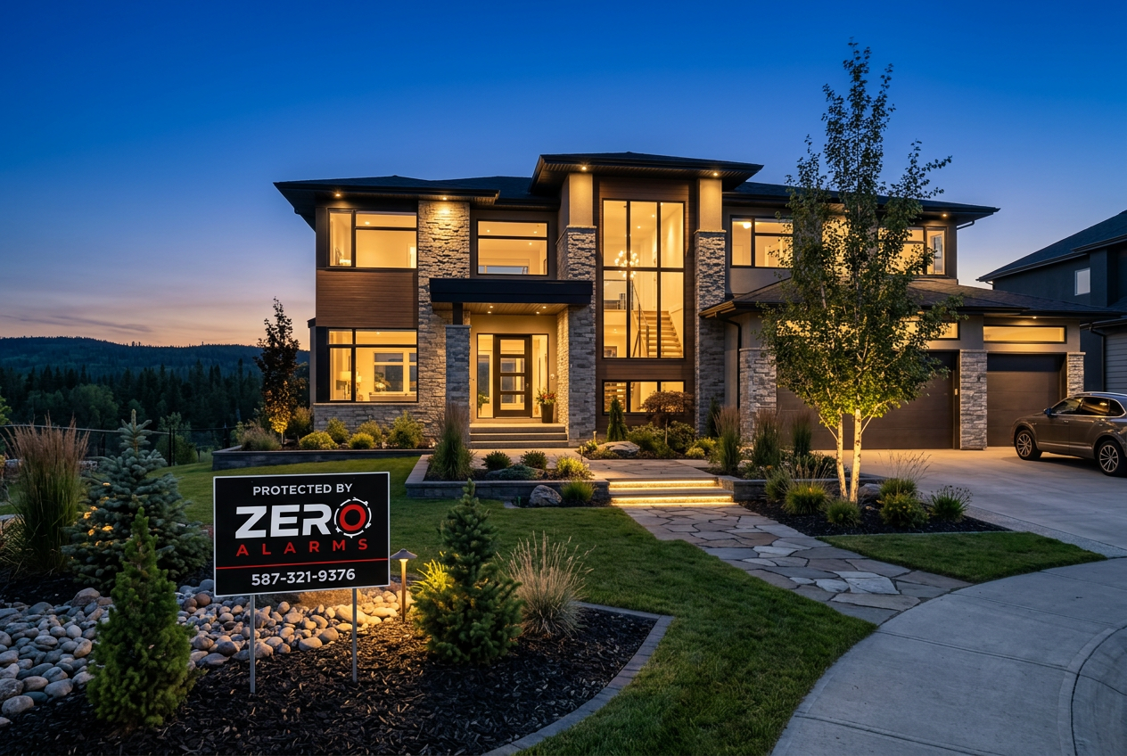 Illustrative home at dusk with Zero Alarms yard signage