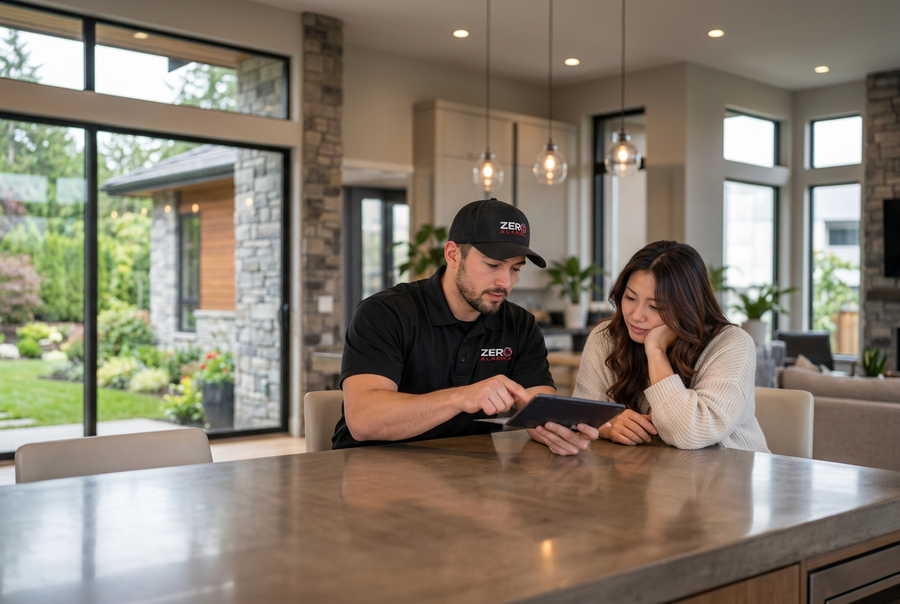 Illustrative consultation scene with a representative and homeowner